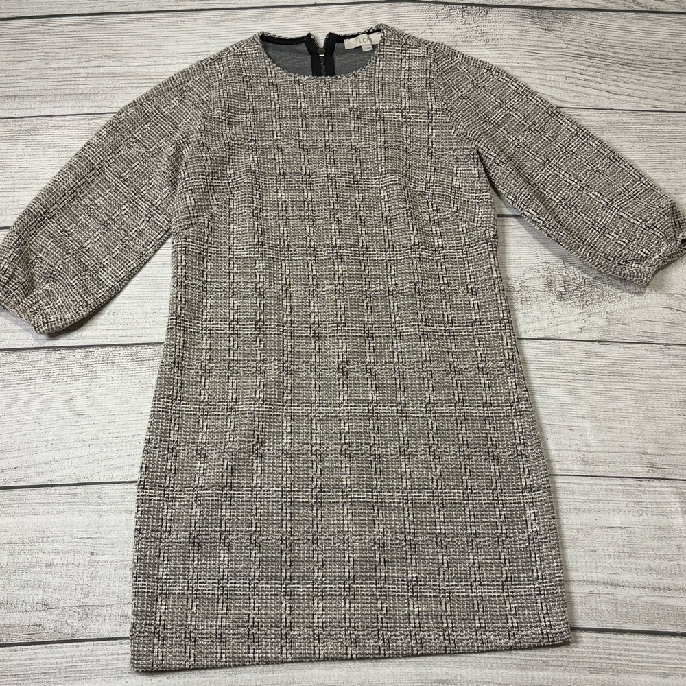 LOFT Women's Black and White Plaid Tweed With Metallic Thread Shift Dress Size 2